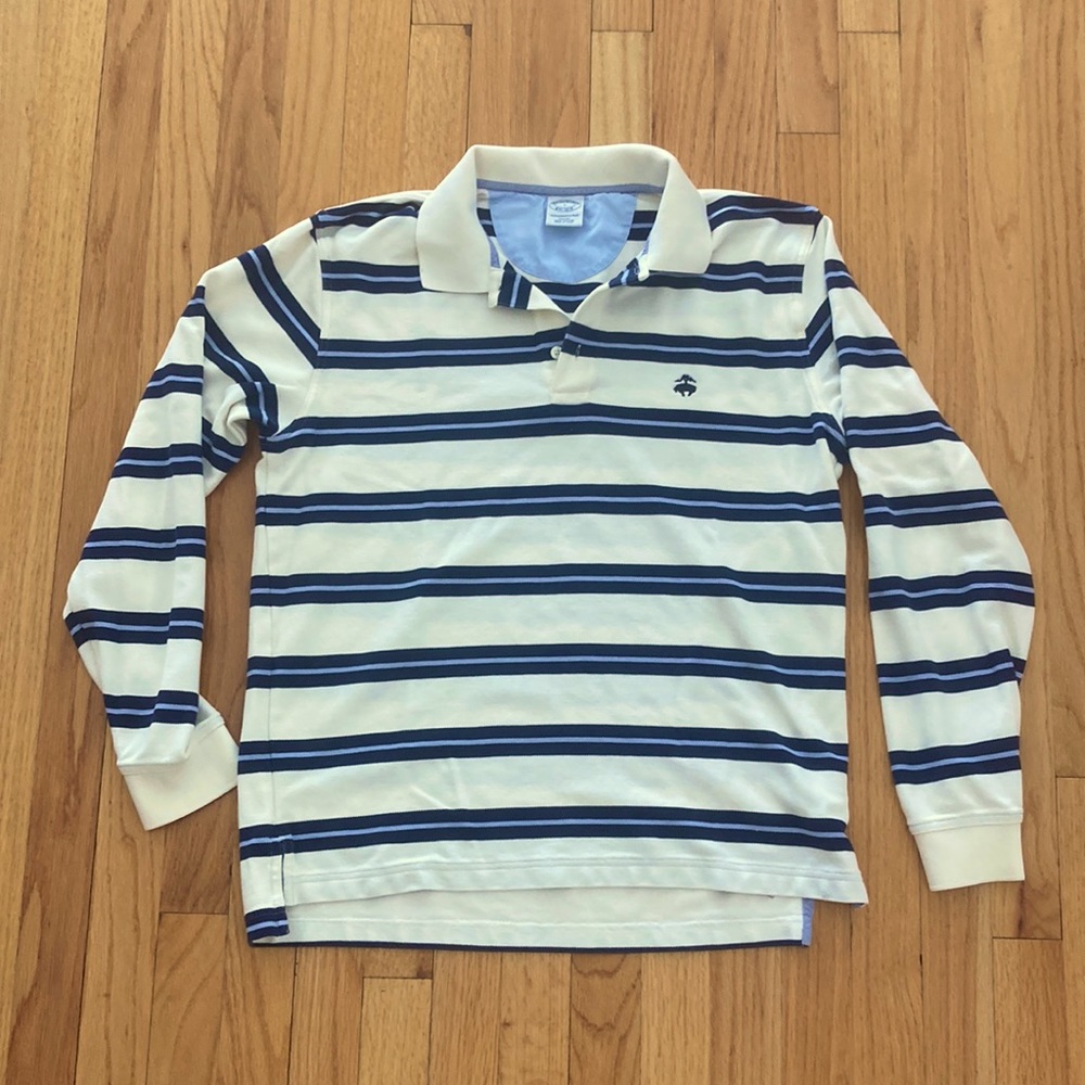 Brooks Brothers Cream and Navy Striped Long Sleeve Polo